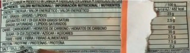 Organic fruit & nut bar nutrition facts table