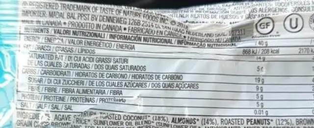 Barretta al cocco nutrition facts table