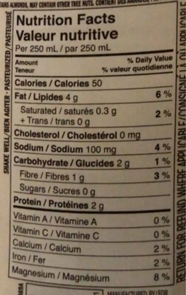 Lait d’amande original non sucré nutrition facts table