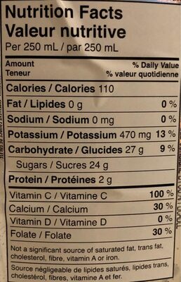 100% orange juice with calcium nutrition facts table