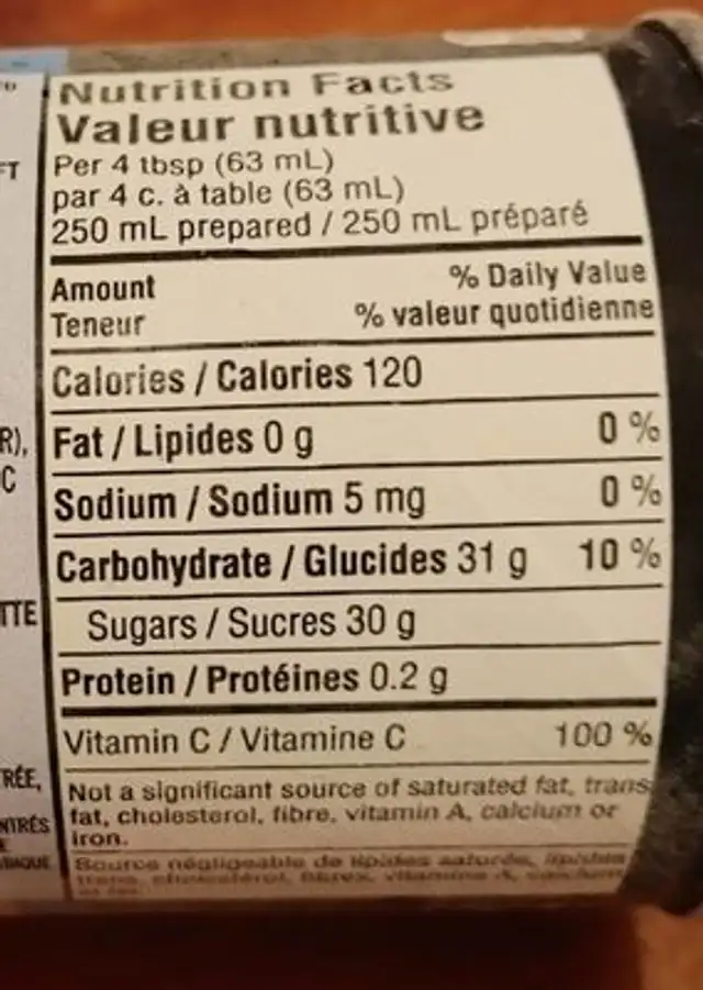 Punch Orange nutrition facts table