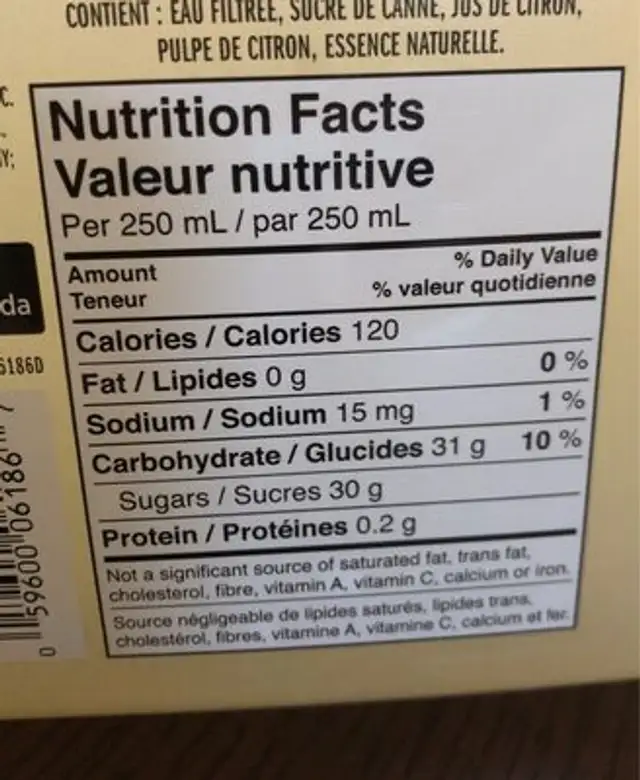 Simply lemonade limonade nutrition facts table