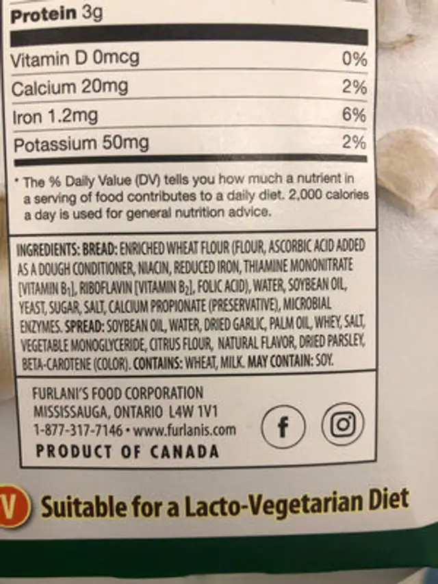 Texas toast ingredients label