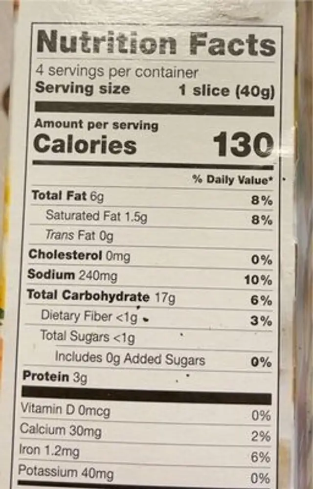 Texas Toast nutrition facts table