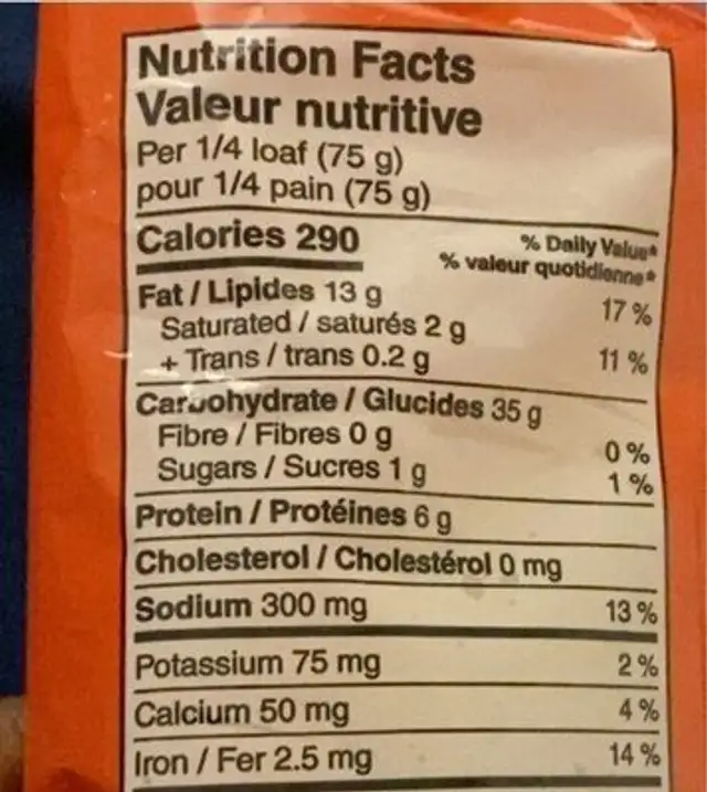 Furlani Garlic Bread nutrition facts table