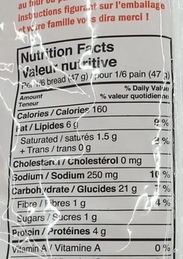 Garlic Bread nutrition facts table
