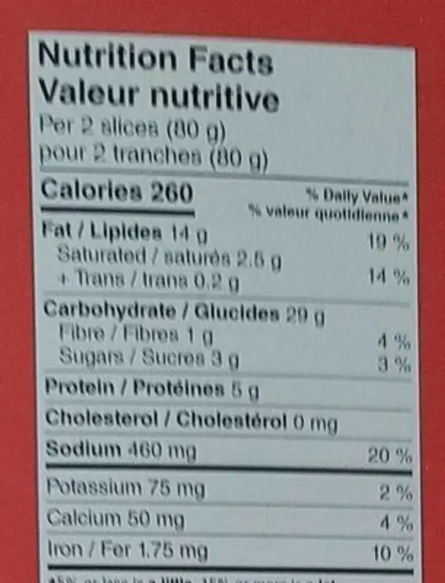 Furlani nutrition facts table