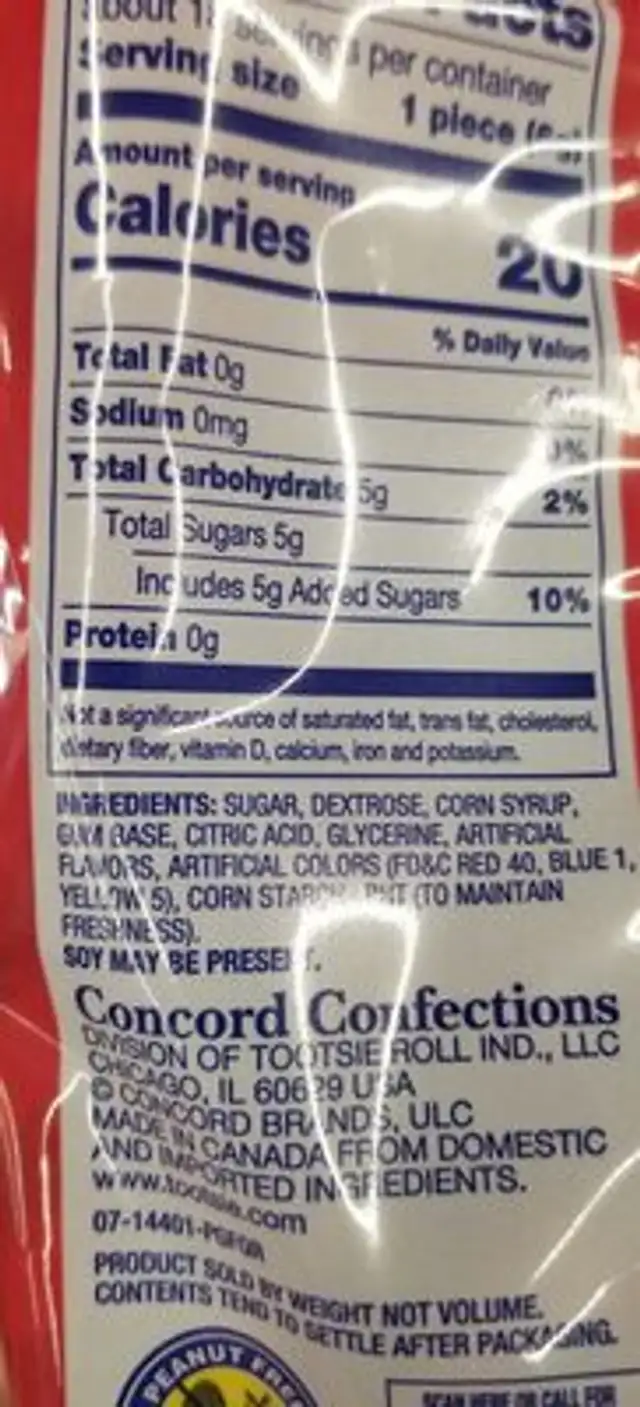 Bubble Gum ingredients label