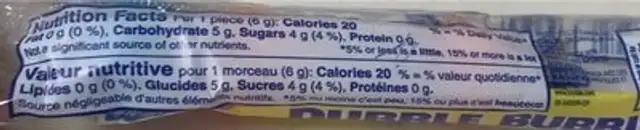 Dubble bubble nutrition facts table