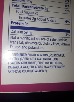 Bubble gum ingredients label