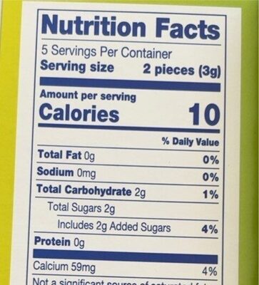 Bubble gum nutrition facts table