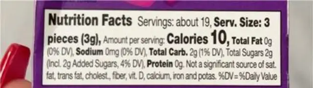 Razzles Hearts nutrition facts table