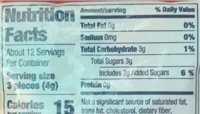 Razzles nutrition facts table