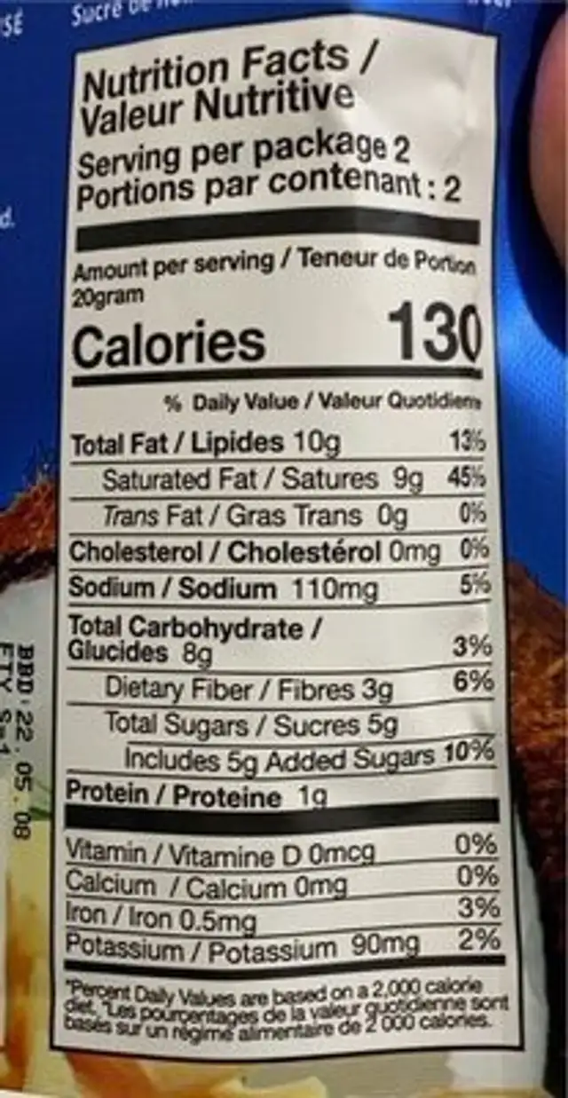 Toasted organic coconut chips nutrition facts table
