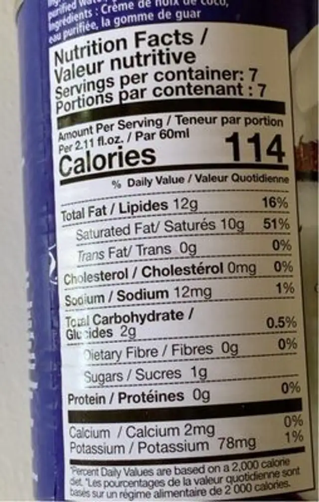 Organic Coconut Cream nutrition facts table