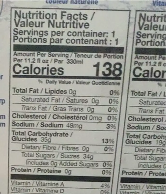 Blue monkey sparking juice nutrition facts table