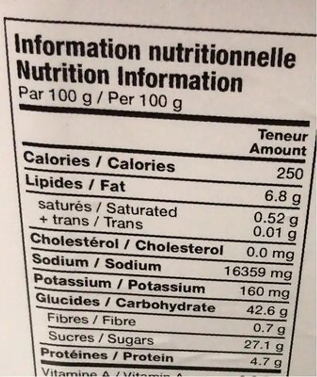 Base de Soupe au Boeuf nutrition facts table