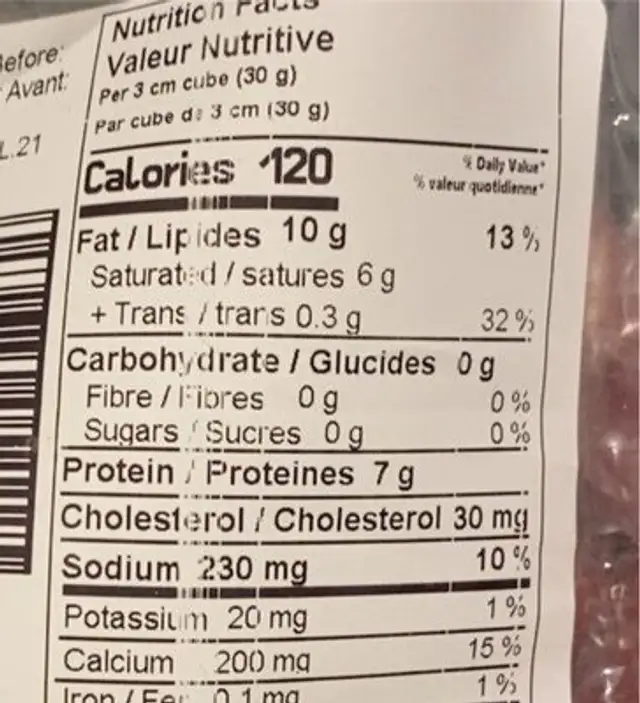 Marble Cheddar Cheese nutrition facts table