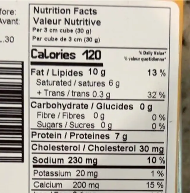 Sharp Cheddar nutrition facts table