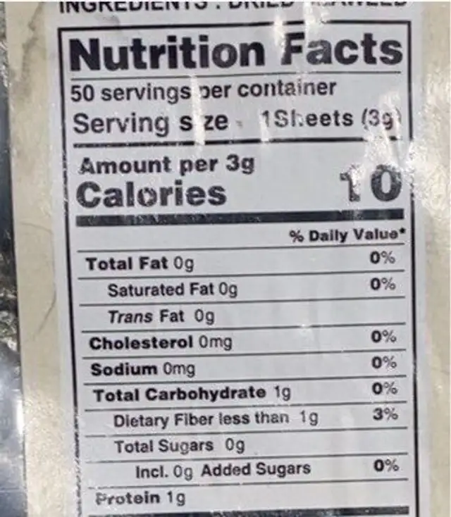 Yaki Sushi Nori nutrition facts table