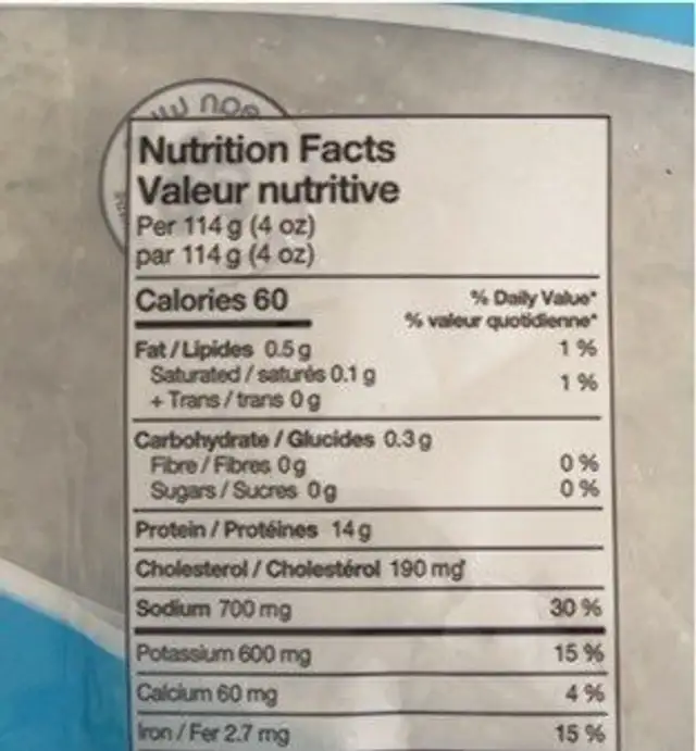 White Shrimp nutrition facts table