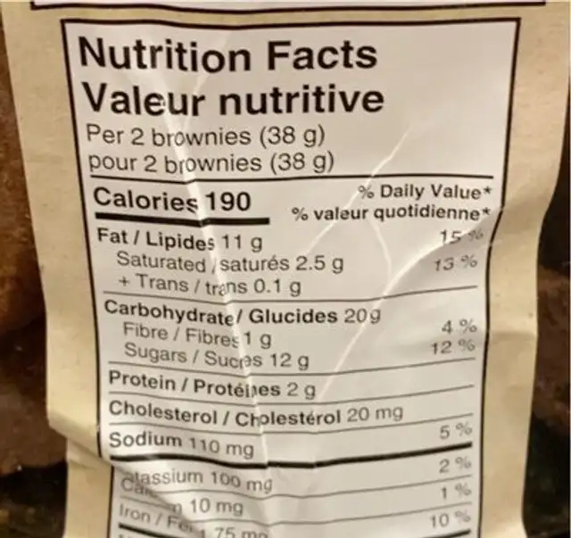 Brownies nutrition facts table