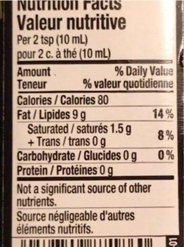 Huile d’olive 100% Extra Vierge nutrition facts table
