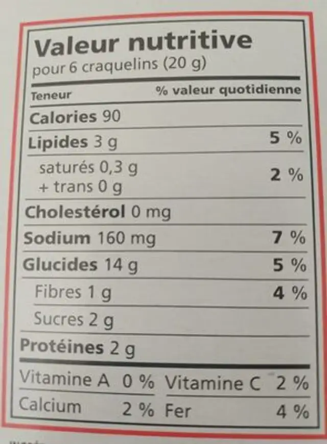 Craquelins nutrition facts table