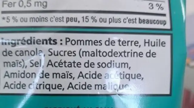 Chips sel et vinaigre ingredients label