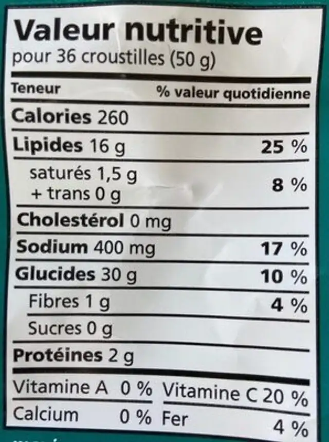 Chips sel et vinaigre nutrition facts table