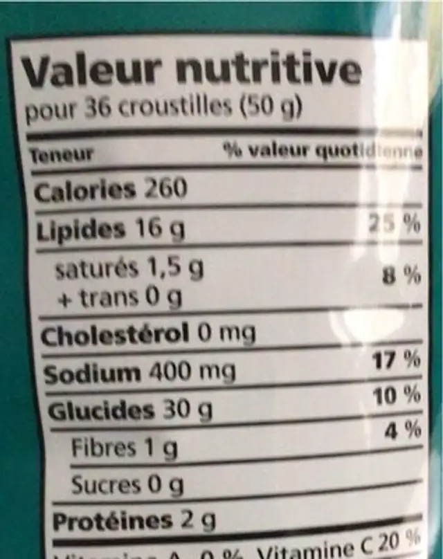 Croustilles nutrition facts table