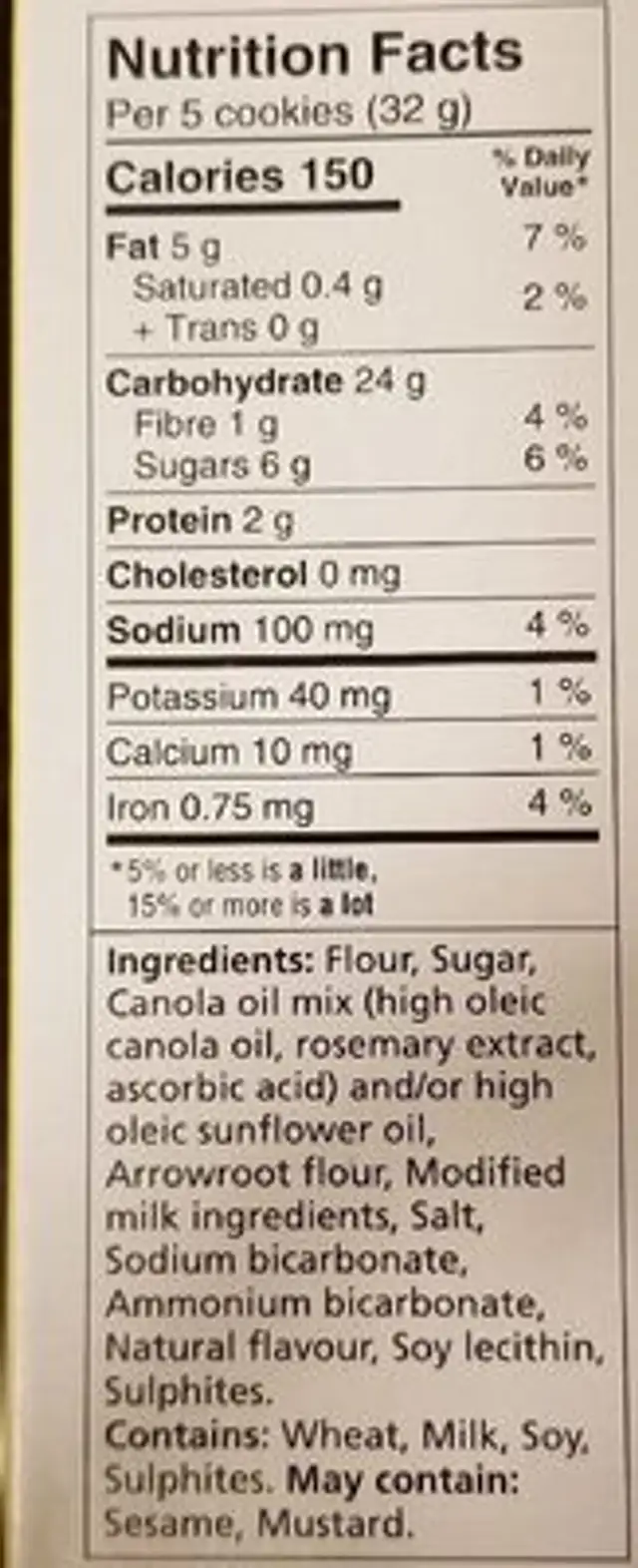 Arrowroot cookies nutrition facts table