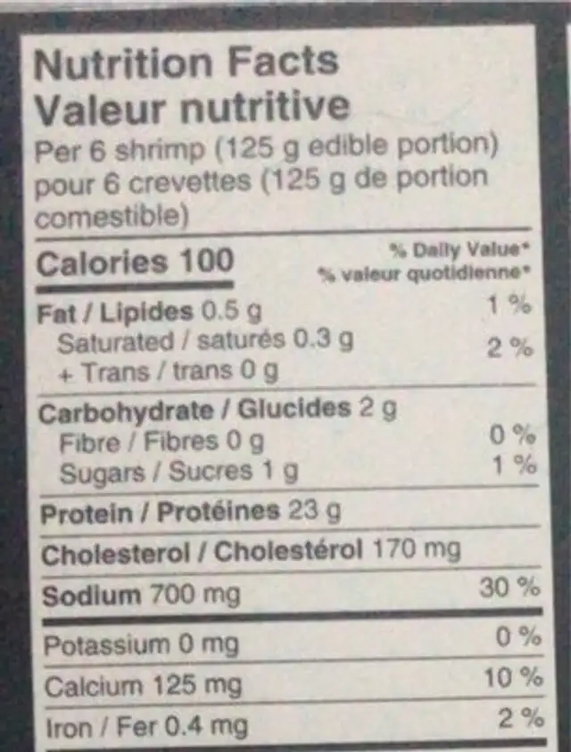 Crevettes ail et fines herbes nutrition facts table