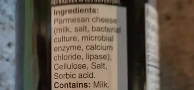 Parmesan ingredients label