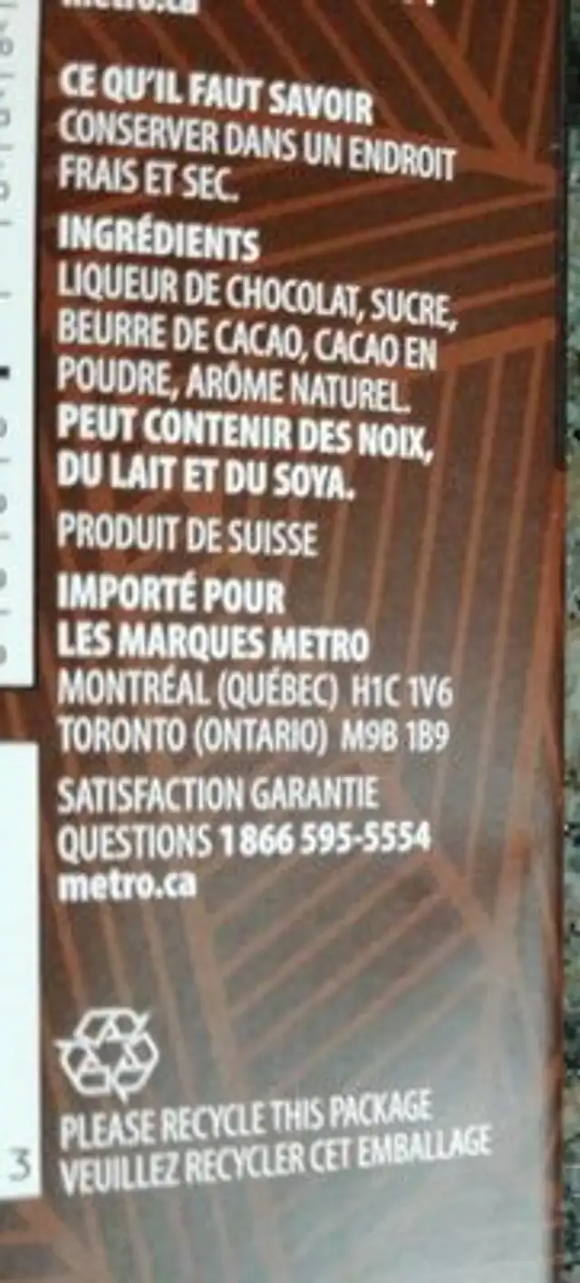 Irresistibles 72% cacao ingredients label