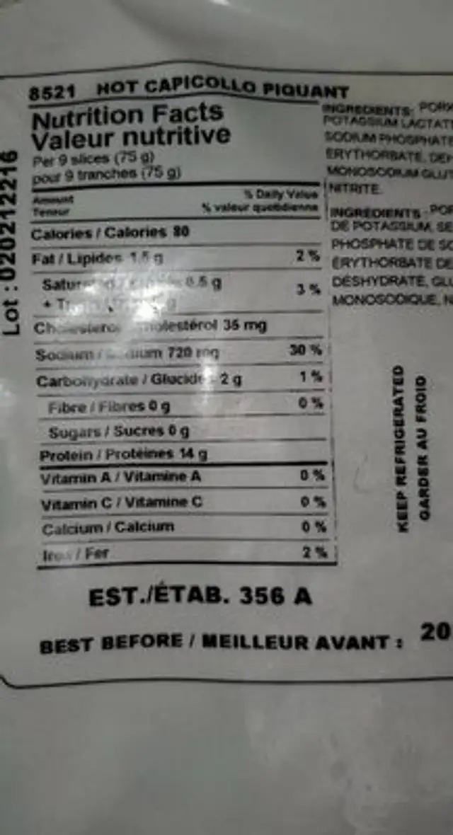 capicollo piquant nutrition facts table