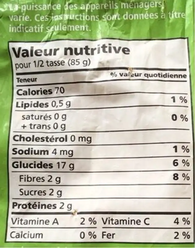 Mais en grain nutrition facts table