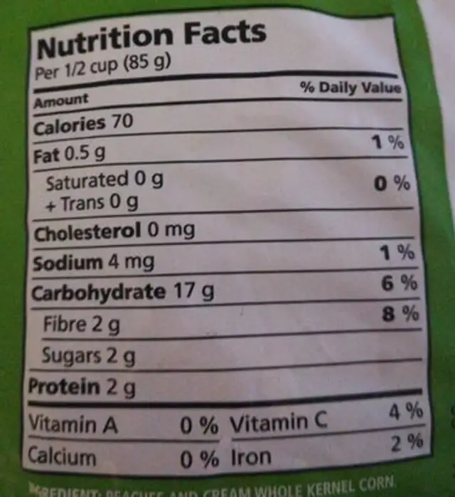 Corn/Mais nutrition facts table