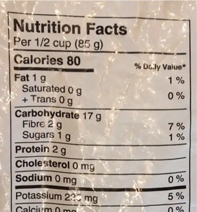 Whole kernel corn nutrition facts table