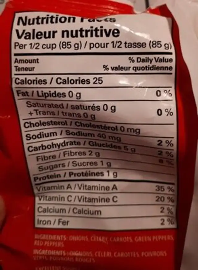 Mélange spécial de légumes pour sauce à spaghetti nutrition facts table