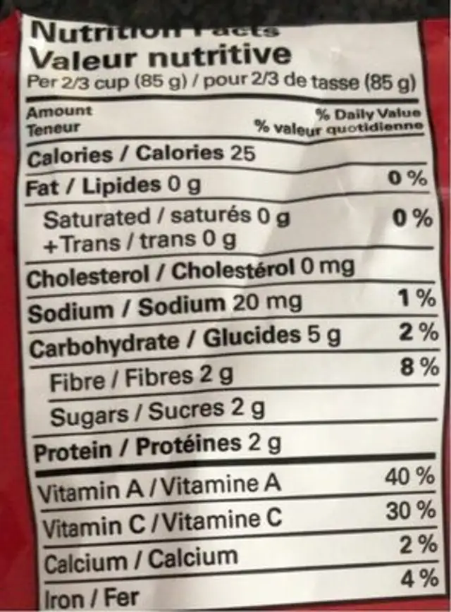 Mélange de légumes style oriental nutrition facts table