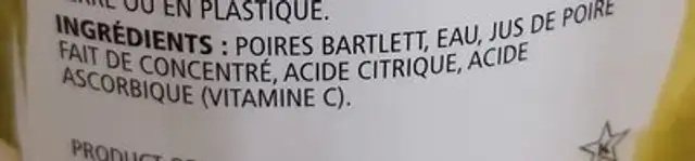 Poires bartlett ingredients label