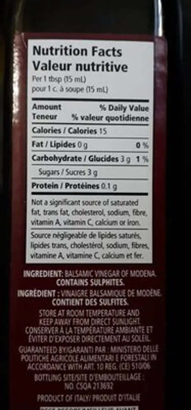 Vinaigre balsamique nutrition facts table