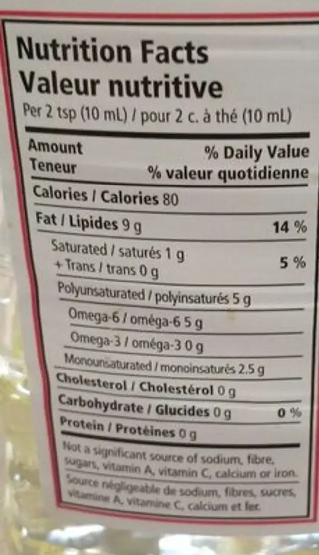Huile de tournesol nutrition facts table