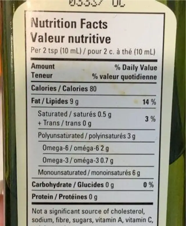 Organic canola oil - Huile de canola biologique nutrition facts table