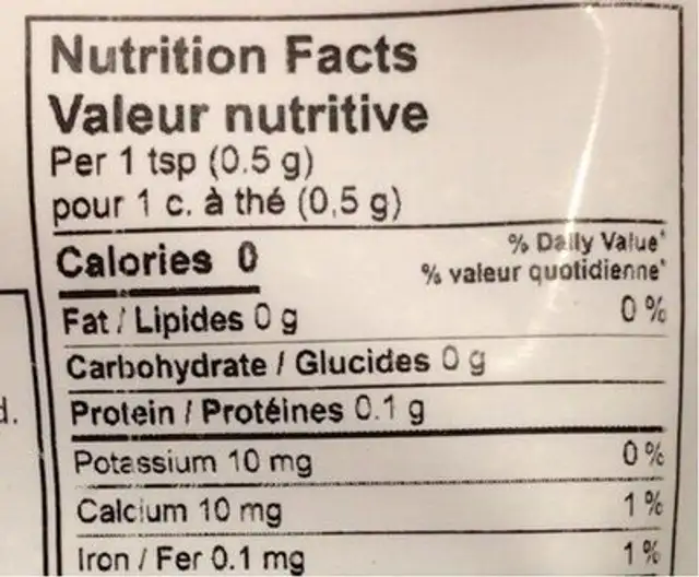 Persil séché nutrition facts table