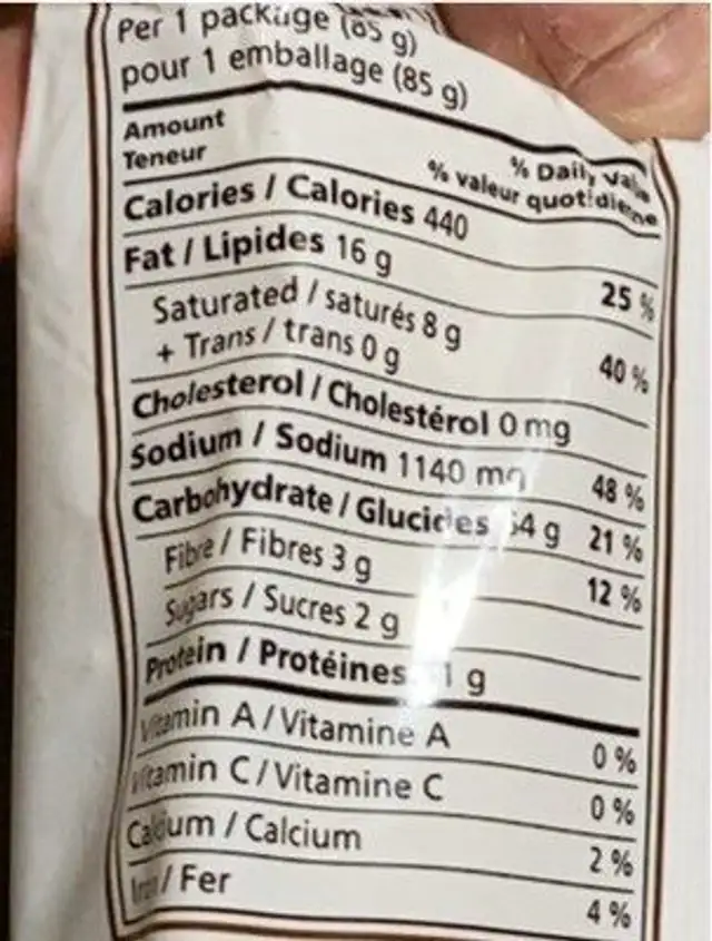 Nouille ramen instantanées nutrition facts table