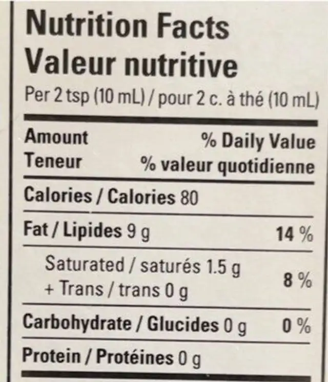 Olive oil Bio nutrition facts table