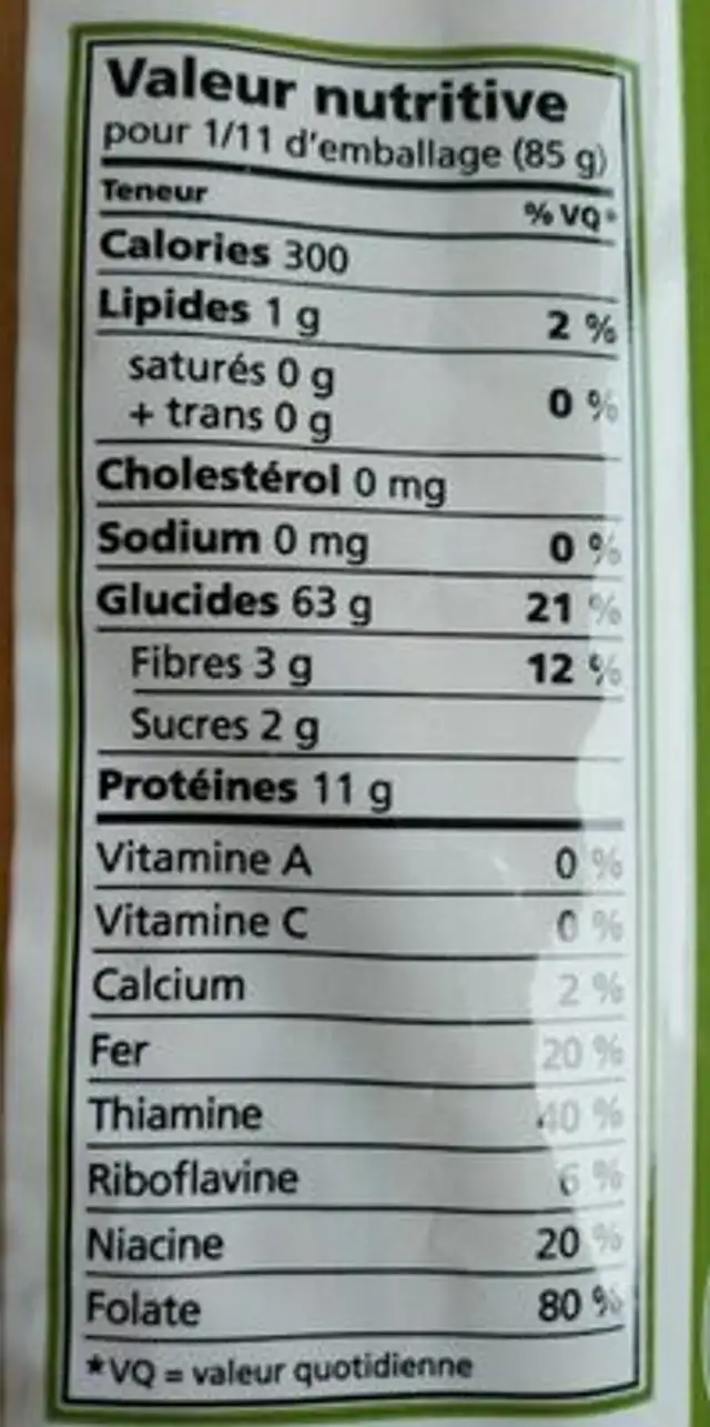 Pâtes fettuccine nutrition facts table