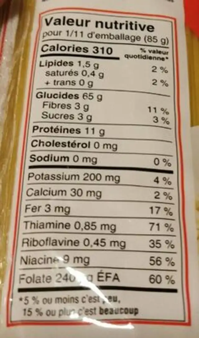 Spaghettini nutrition facts table